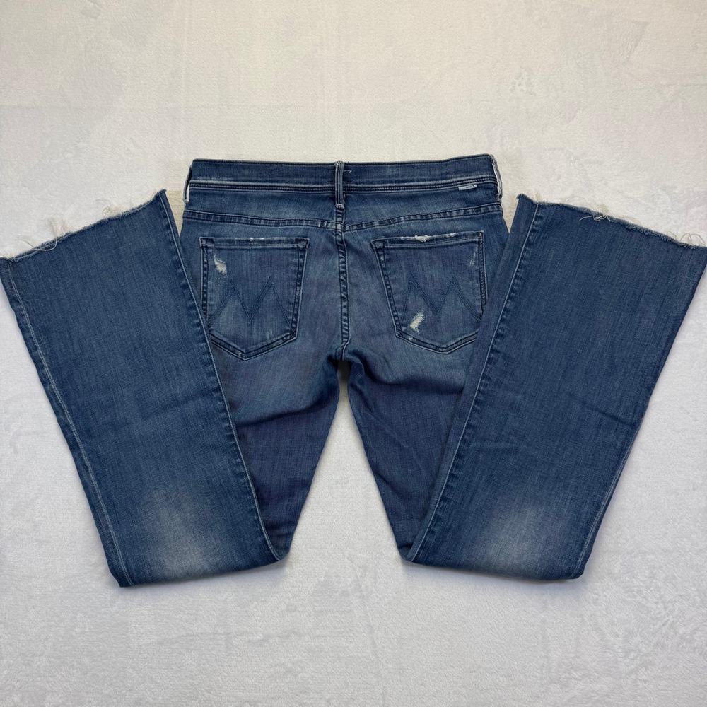 MOTHER The Cruiser Graffiti Girl Blue Flare Leg Distressed Jeans Size 32 USA